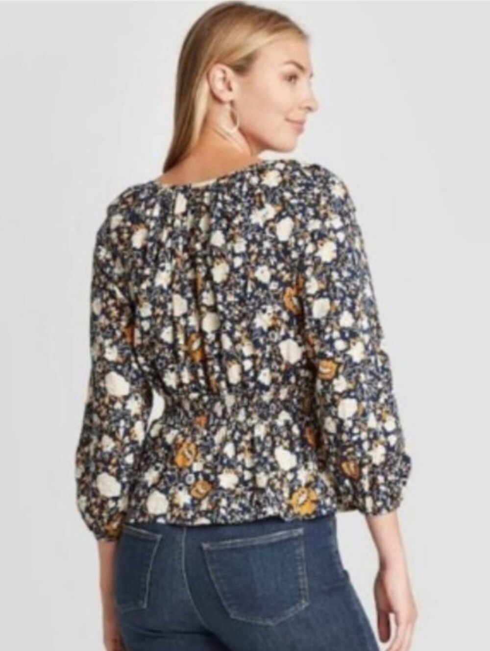 Universal Thread Navy and Orange Floral Smocked Peplum Blouse Size XXL - Picture 2 of 8